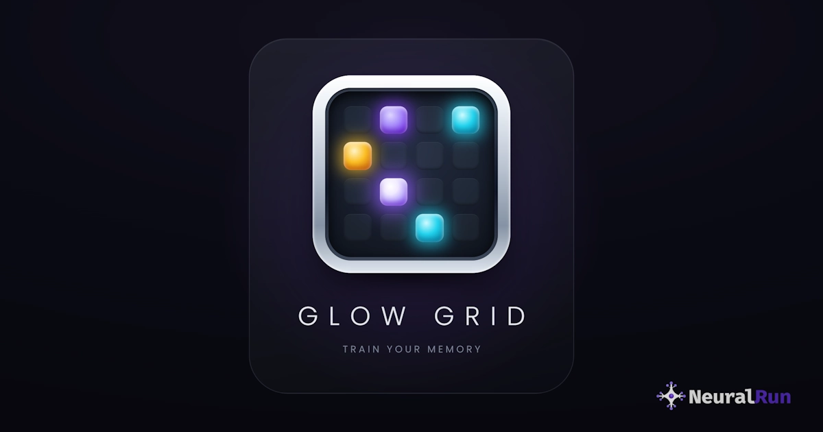 Glow Grid memory game with colored cells lighting on a dark grid