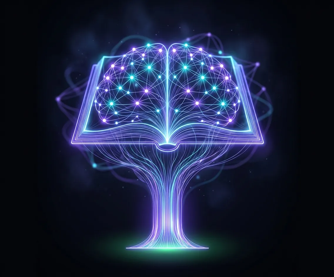 Mind Prints custom quiz maker: a glowing neural network forms an open book, representing hand-built quizzes grounded in knowledge